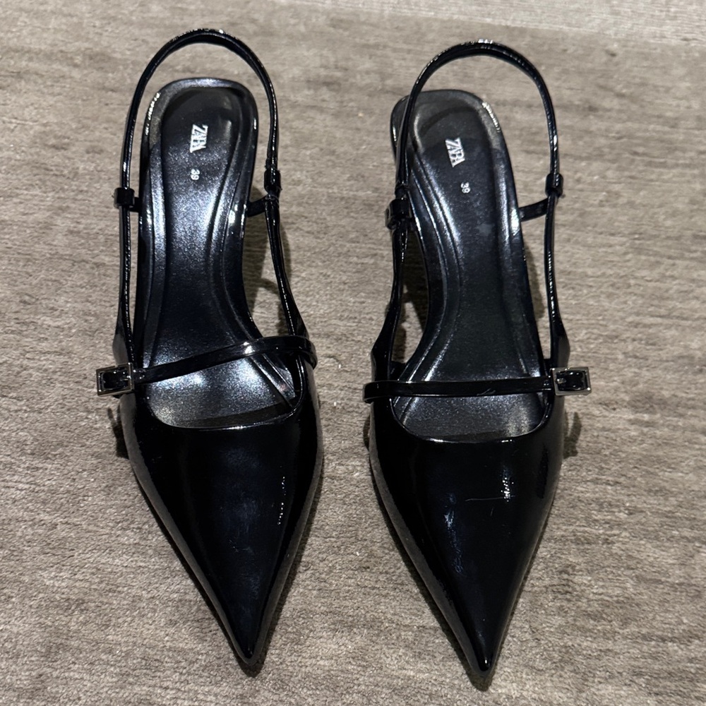 Zara Black Patent Slingback Kitten Heels
